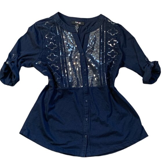 Style & Co Navy Blue Button Split Neck Sequin & Embroidery Top PM Blue #61P - Picture 2 of 8